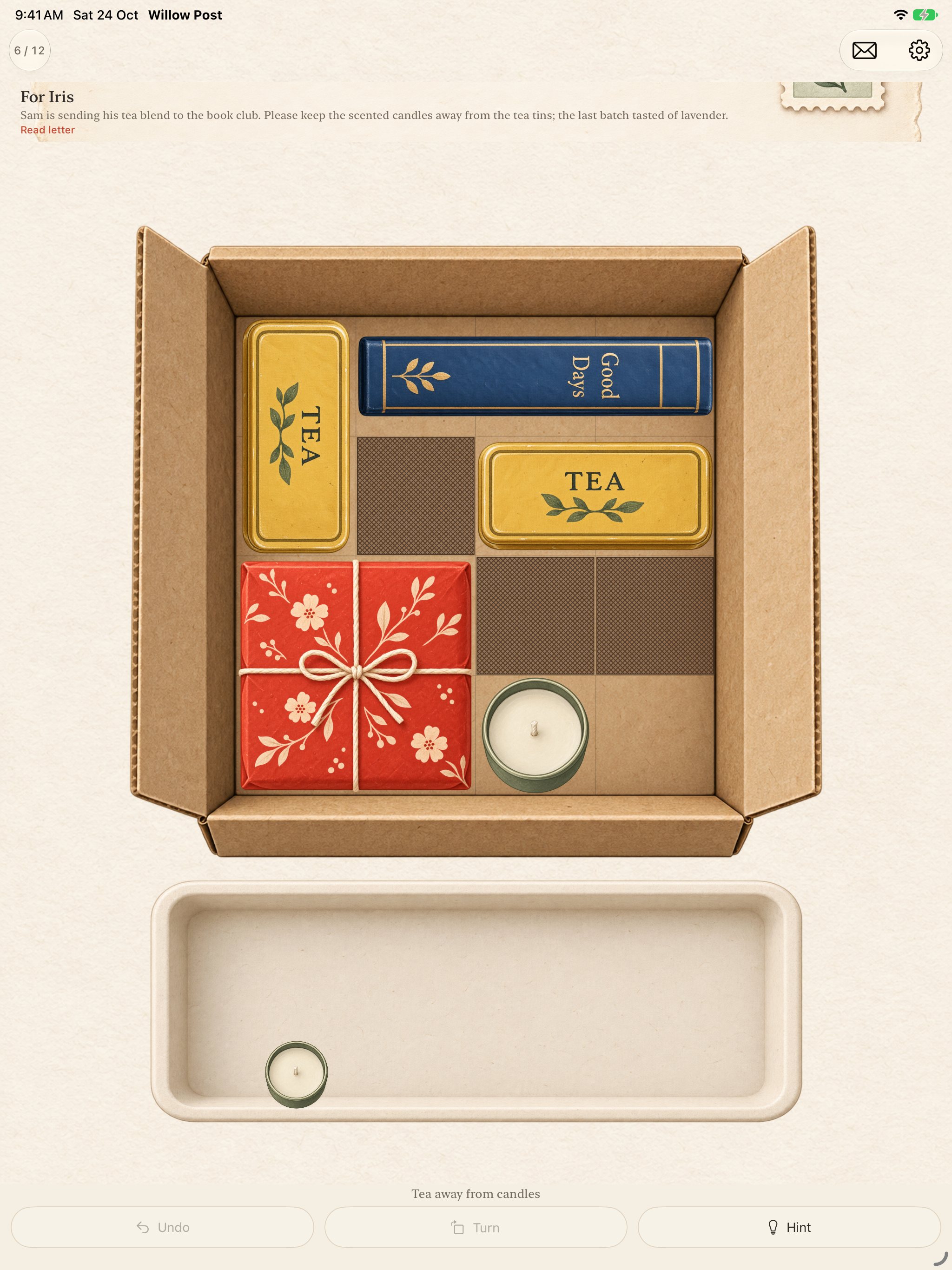 Willow Post on iPad, showing the full packing puzzle and letter above it